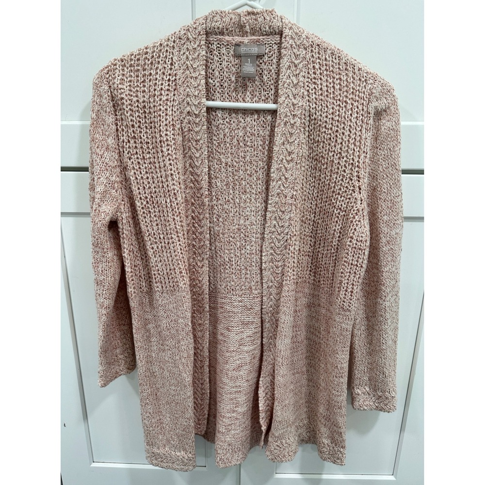 Chico's Pink Marled Metallic Open Knit Cardigan Sweater Size 1 Medium